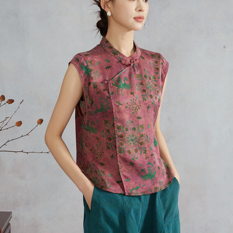 100% Mulberry Silk Xiangyun Silk Floral National Style Diagonal Collar Stand-Up Collar Sleeveless Top for Women New Chinese Style Blouse