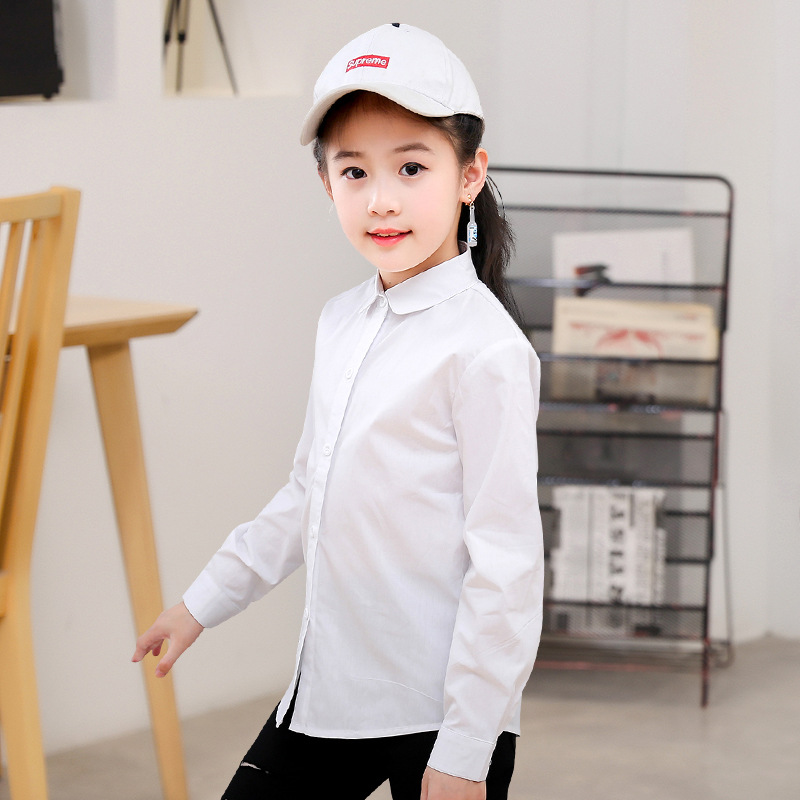 Niñas camisa blanca pura camisa de manga larga moda Otoño e Invierno estudiantes de escuela primaria primavera y verano ropa estilo campus entrega al por mayor