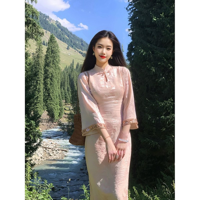 【甜月香】新中式珠光提花改良旗袍早秋日常高端旗袍领镂空连衣裙|undefined