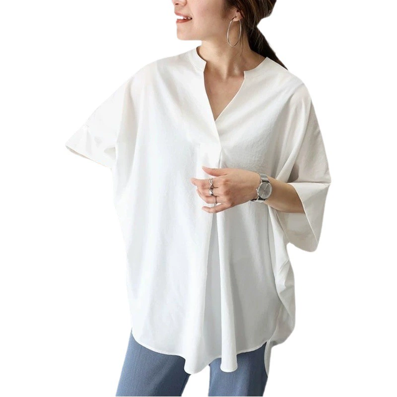 2024 Трансграничные Япония и Южная Корея Новые 7 цветов Летний V-образный вырез мода элегантный пуловатый свободный сплошной цвет универсальный блузка летучей мыши