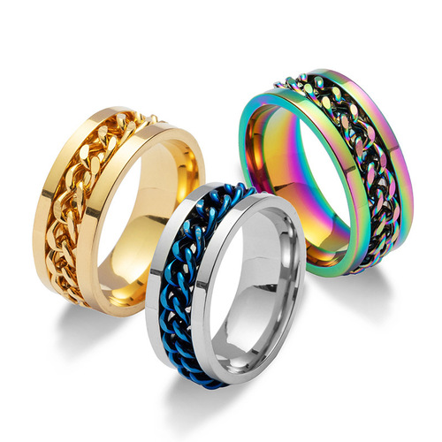 Stainless steel chain ring for men, rotatable finger ring, personalized, bold, trendy, niche titanium steel jewelry, does not fade.