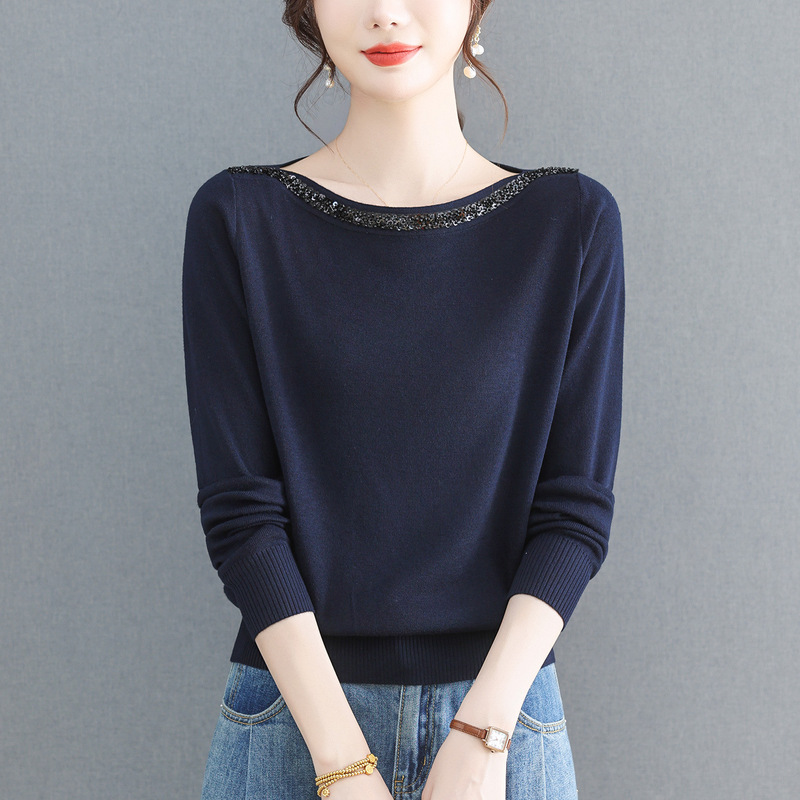Off-Shoulder Knitted Base Shirt for Women, Long-Sleeve Early Autumn 2025 New Style, Middle-Aged Mom Spring and Autumn Top, Sequin Sweater Off-Shoulder Knitted Base Shirt for Women, Long-Sleeve Early Autumn 2025 New Style, Middle-Aged Mom Spring and Autumn Top, Sequin Sweater