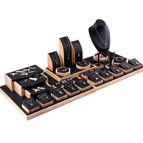 Solid wood black leather jewelry display props combination set counter window jewelry ornaments jewelry display display shelf