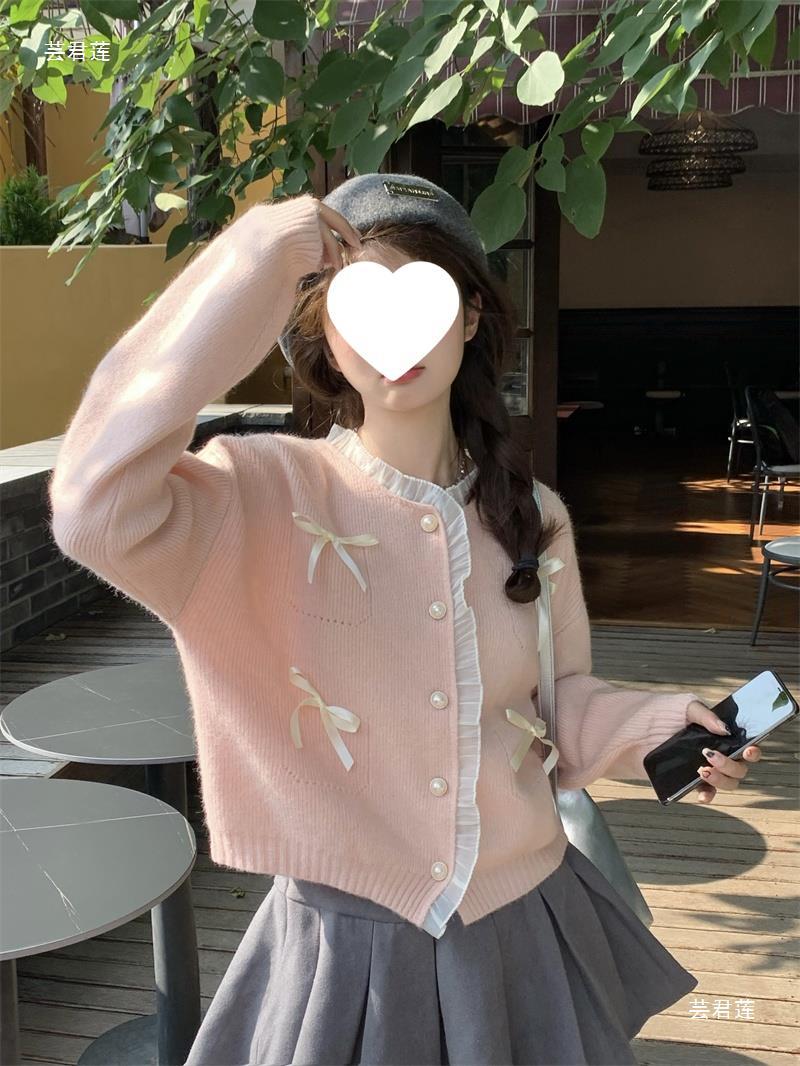 6011  달콤한 핑크 레이스 바느질 스웨터 카디건 여성의 가을 새 활 느슨한 짧은 니트 탑