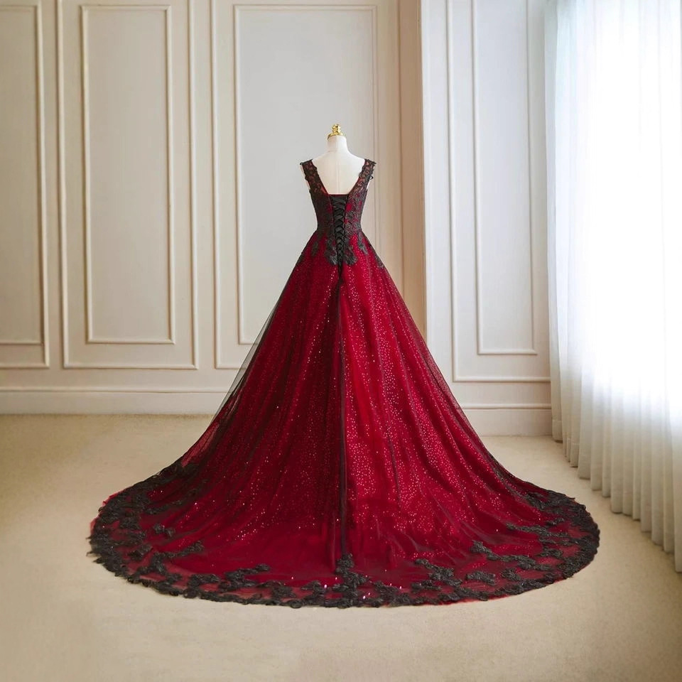 WEDDING DRESS 喷银酒红色敬酒服双肩拖尾蕾丝宴会主持人艺考礼服