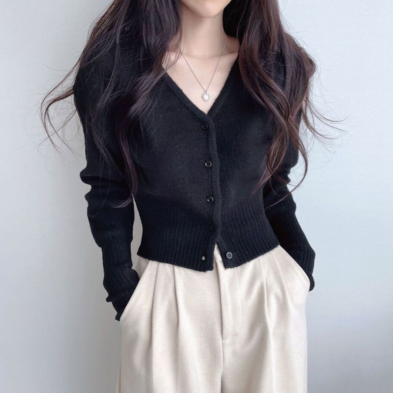 Women's Korean style autumn and winter new V-neck knitted cardigan jacket with temperament solid color versatile long-sleeved slim short sweater top_voghion.com