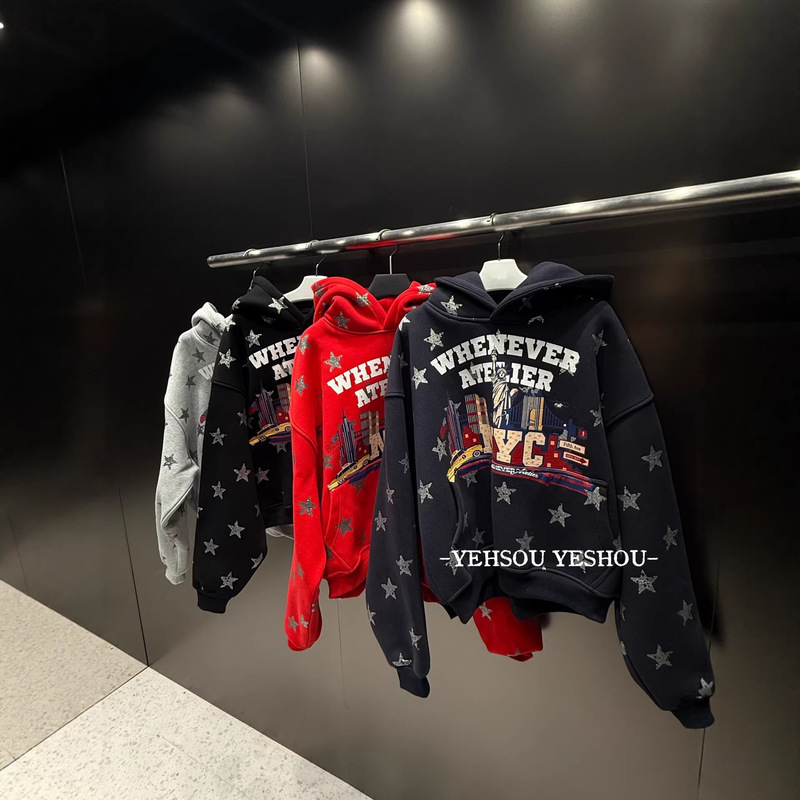 Autumn and Winter New Niche Design Hot Girl Style Star Glitter Fleece-Lined Warm Hooded Sweatshirt with Letter Print
