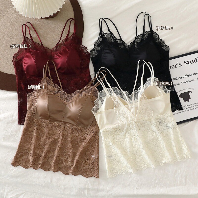 French-Style Satin Camisole with Built-In Bra Pads, Beautiful Back Design, Versatile for Layering or Wearing Alone, Lace Beauty Back Camisole