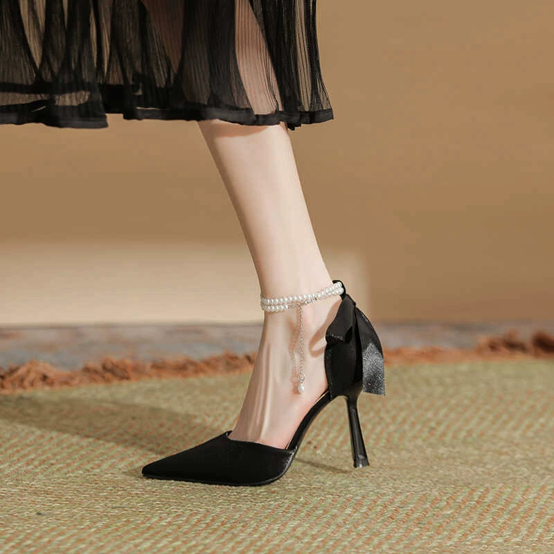 Французский фея стиль темперамент на высоком каблуке женский 2024 новый жемчуг бант