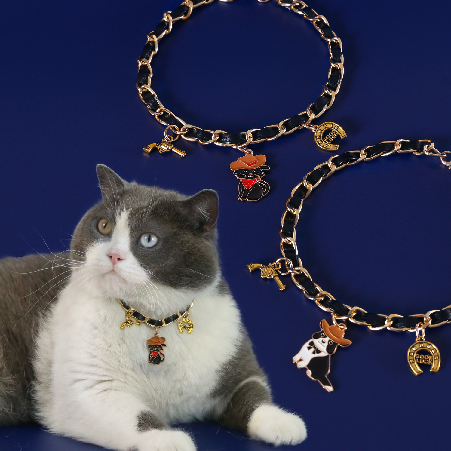 Collar de estilo vaquero occidental de cuero de metal para mascotas, colgante de herradura colgante de gato y cachorro, collar de comercio exterior de estilo europeo y americano