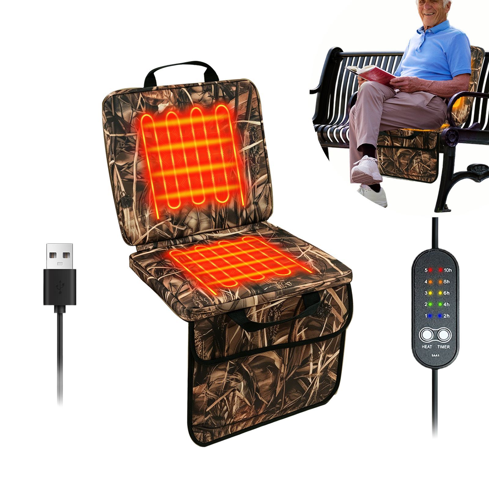 Cojín de asiento con calefacción USB para acampar, uso al aire libre, gradas de estadios, tapete de pesca portátil y grueso. image 5