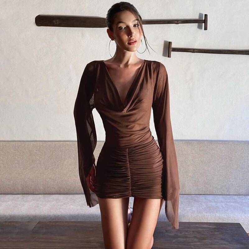 European and American 2026 Summer New Women's Fashion Trendy Sexy Asymmetrical Mesh Pleated Bodycon Dress European and American 2026 Summer New Women's Fashion Trendy Sexy Asymmetrical Mesh Pleated Bodycon Dress