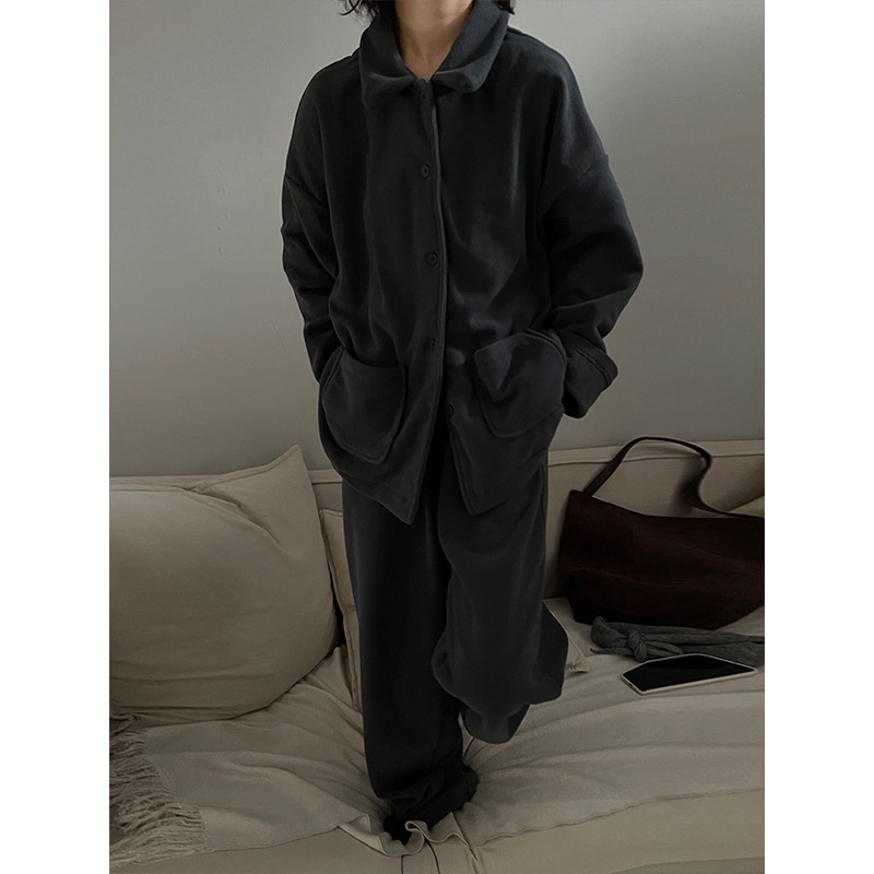 高级感简约纯色加厚睡衣女冬款新款德绒保暖大码家居服套装可外穿|undefined