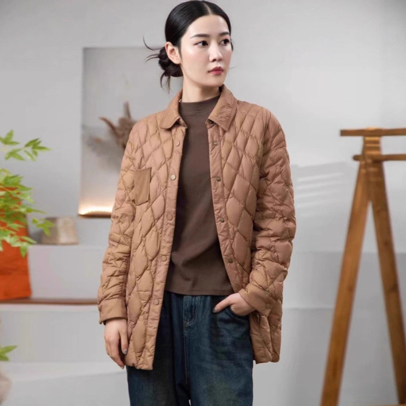 轻薄衬衫领羽绒服女侧边抽绳廓形遮臀中长款小个子90白鸭绒羽绒外|undefined