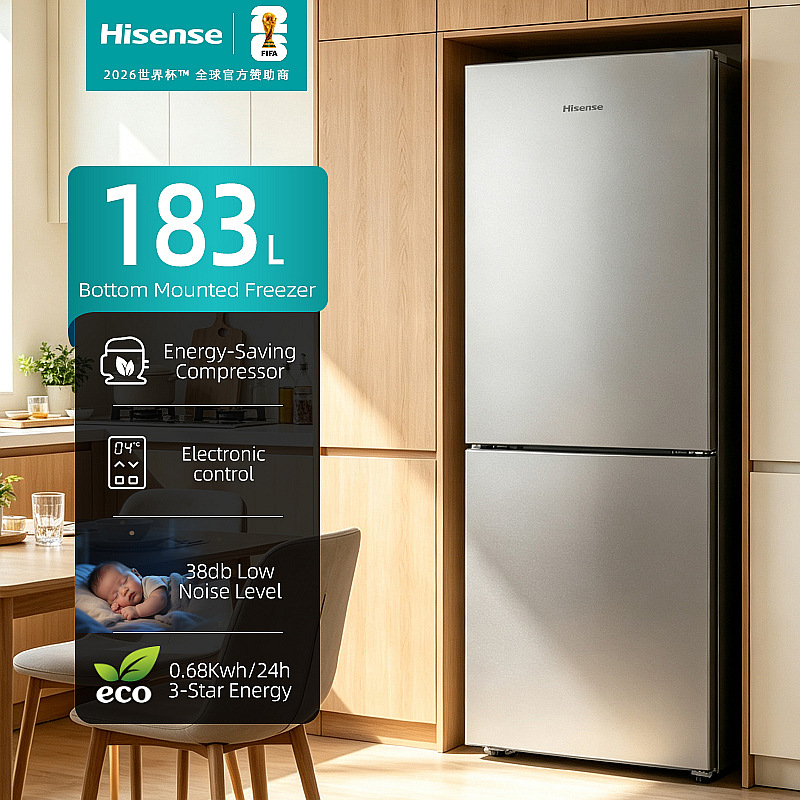 Hisense two-door refrigerator, non-inverter, small size, energy-saving, electronic temperature control, bottom-freezer, 183 liters