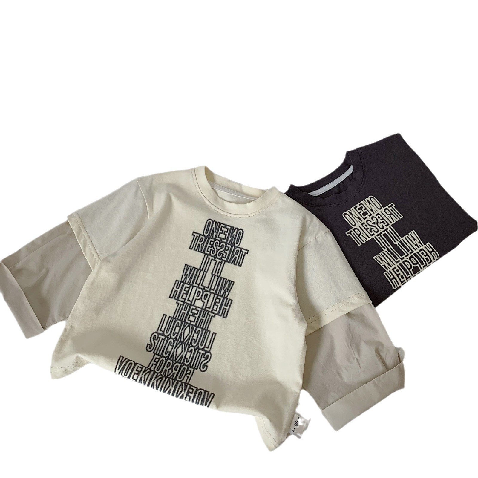 Maibao camiseta para niños 2024 primavera manga larga falso de dos piezas para niños y niñas carta camisa de fondo de algodón para niños