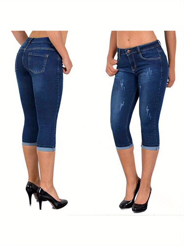 Women's Stretchy Slim Fit Capri Jeans Mid Length Straight