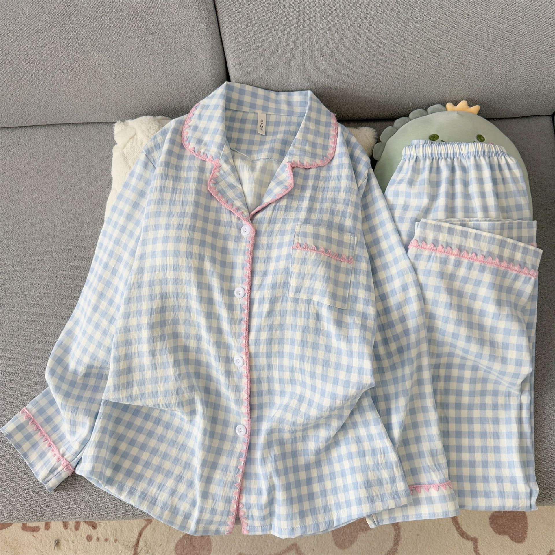(No breast pads) [Yunduo Cotton] Shell - Plaid Blue (long sleeves + trousers)