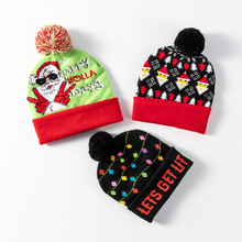 加工定制圣诞针织帽保暖时尚加厚提花毛线帽带毛球LED发光圣诞帽