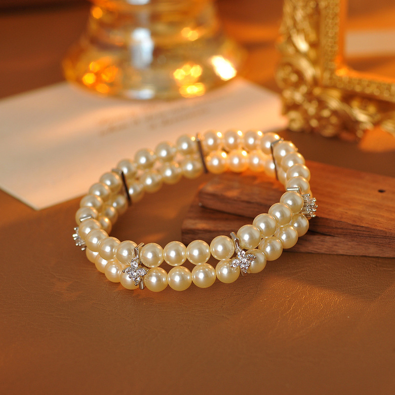 Light Luxury French Multi-Layer Retro Double-Layer Pearl Elastic Bracelet Niche Shijia High-Gloss Bracelet Versatile Wholesale Delivery