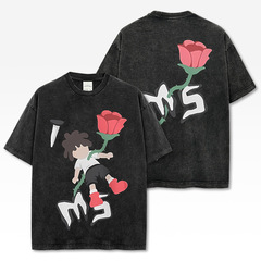 Cross-border retro hip-hop original cartoon double-sided printed short-sleeved T-shirt American wash round neck versatile heavy pure cotton T-shirt