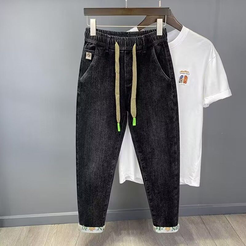 Men's High-End Elastic Waist Drawstring Cropped Jeans Summer Trendy Loose Straight Slim Versatile Long Pants