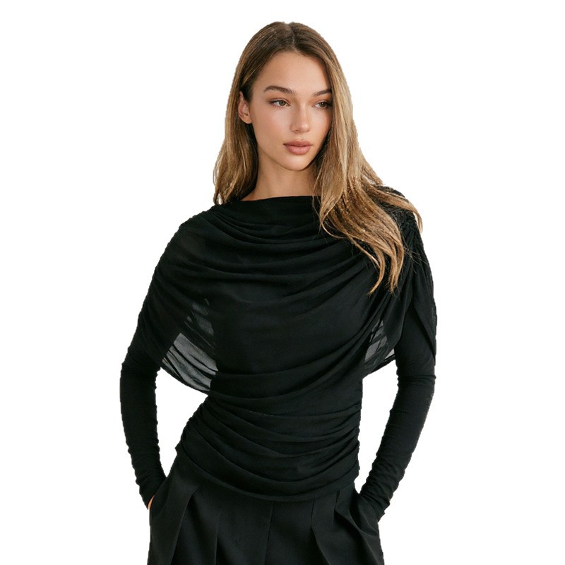J26Tp310 European and American Style Cross-Border Women's Clothing Spring and Summer New Long-Sleeved Draped Collar Pleated Shawl Slim Fit T-Shirt Top