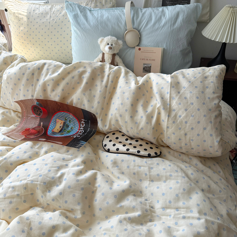 Cream Polka Dot Crinkled Gauze Four-Piece Bedding Set Korean Style Cloud Cotton Bed Sheet and Duvet Cover Student Dormitory Three-Piece Set for Home Use