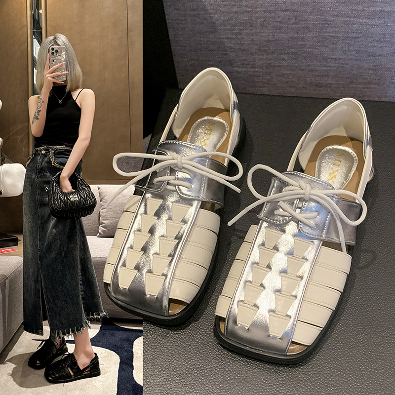 Woven summer small design sandals square toe with shoelaces
