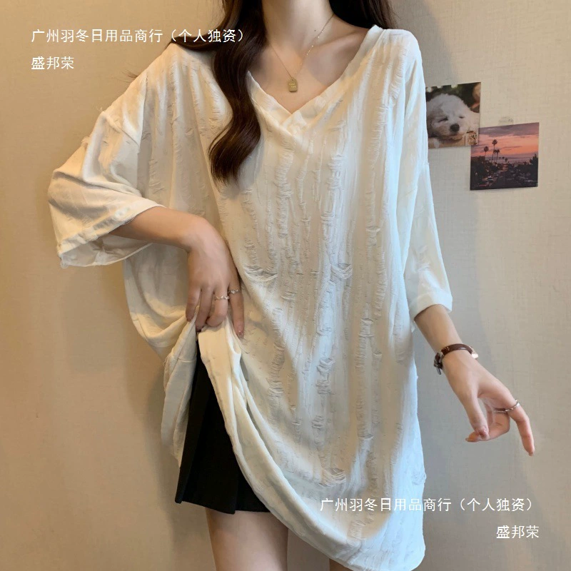 Женский топ средней длины с рукавами три четверти, закрывающий ягодицы, модная летняя футболка большого размера с v-образным вырезом и короткими рукавами, свободная, закрывающая живот