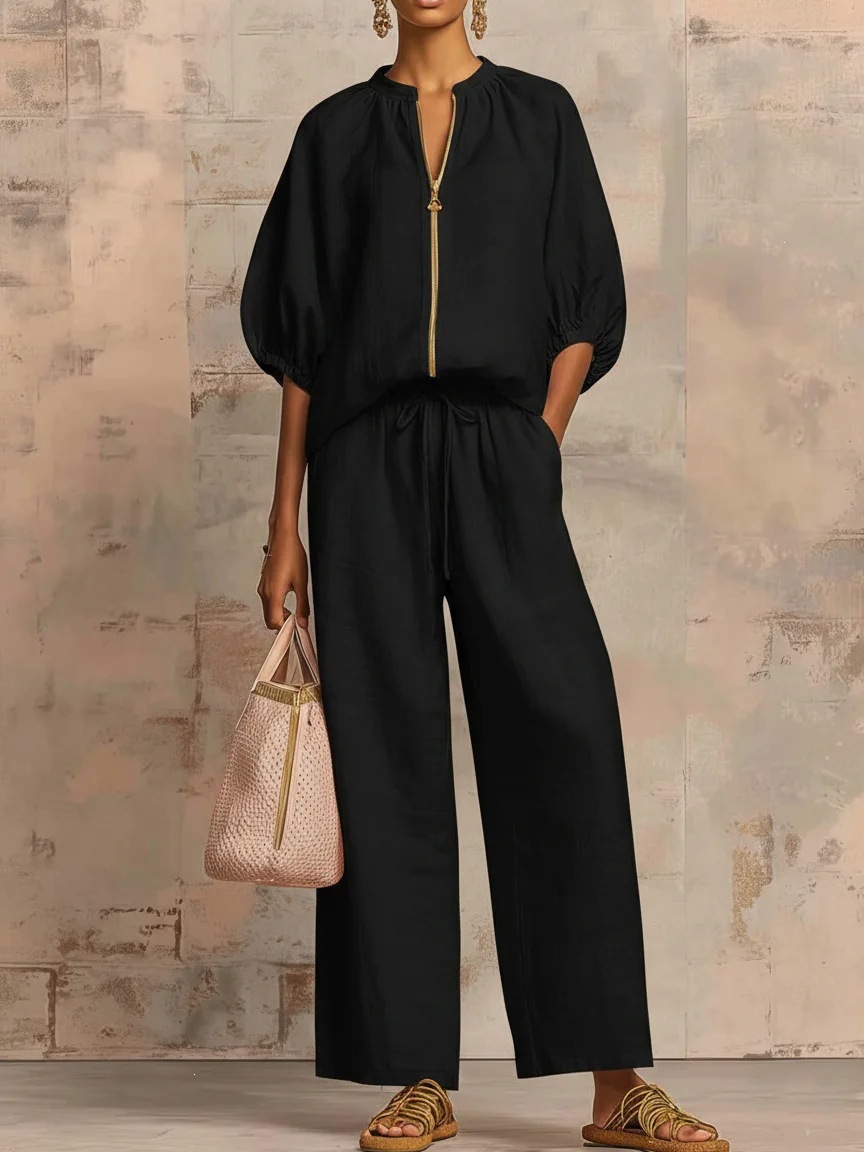 Women's Clothing Summer Women's Wide Leg Pants Set Casual Loose Fit Solid Color Zipper Round Neck Top Bottoms Outfit Style_ecoleips.com