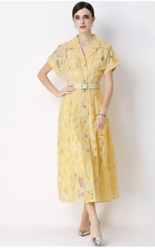 Đầm maxi nữ ren thêu hoa cổ vest cài cúc thắt eo dáng dài thanh lịch — xanh lam, màu trắng, màu vàng chi tiết 18
