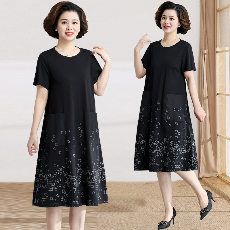Летнее платье для мам среднего и пожилого возраста, больших размеров, уменьшающее возраст, повседневное, закрывающее тело, закрывающее промежность, стройнящее, юбка до колена, новинка лета 2025 года.