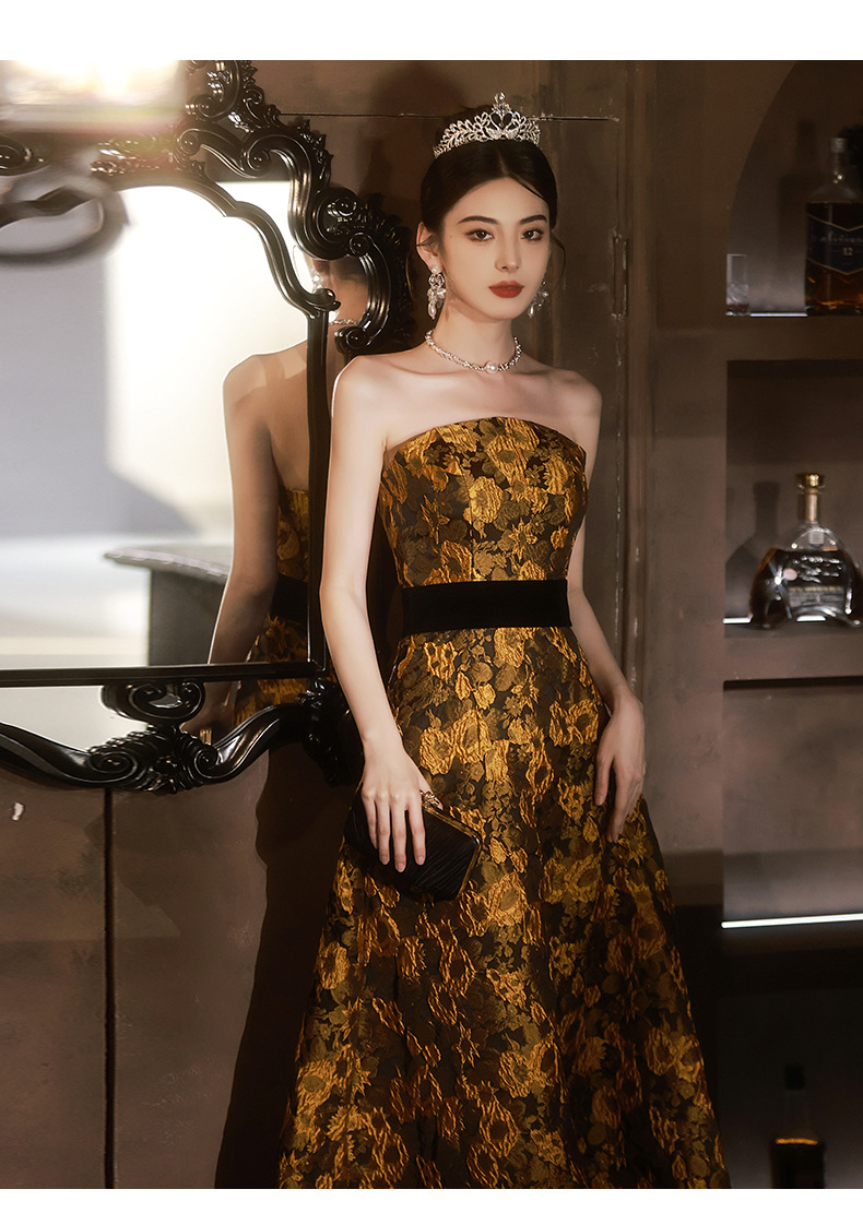 Đầm dạ hội nữ không dây phong cách Pháp, thiết kế ôm body đuôi cá, may đo cao cấp — Màu vàng chi tiết 14