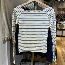 BM风 美式黑色条纹一字领露肩长袖T恤女修身显瘦百搭打底衫上衣潮