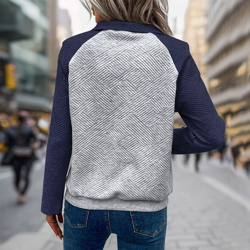 Women's Clothing autumn hot sale new contrast color stitching sweatshirt texture casual comfortable V neck stand collar sweatshirt for women_voghion.com