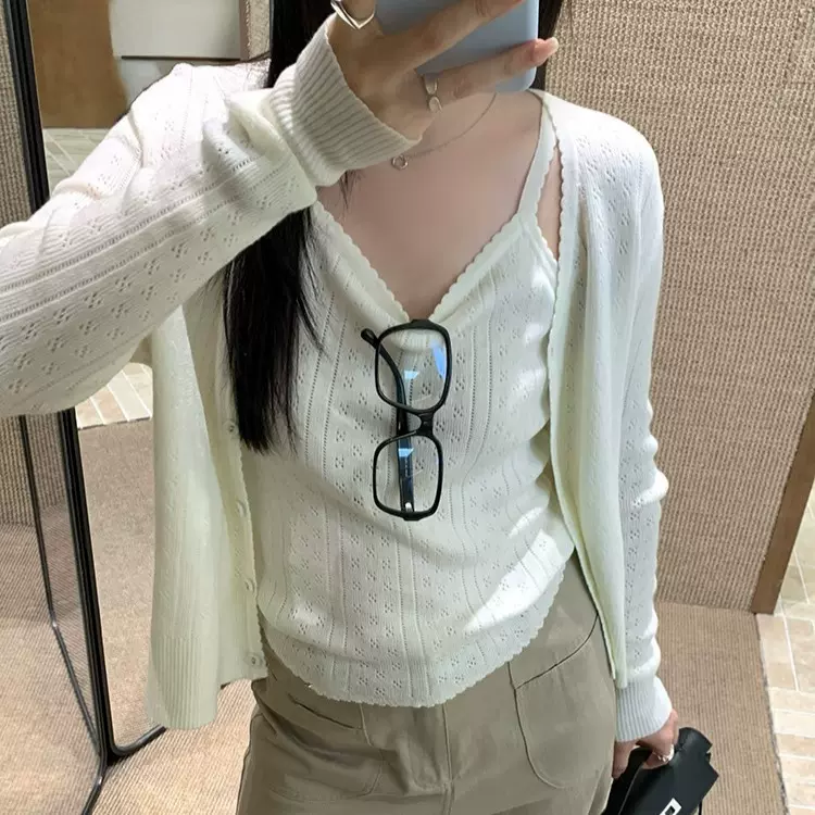韩系气质甜美镂空针织开衫+背心两件套女秋季新款高级感百搭上衣