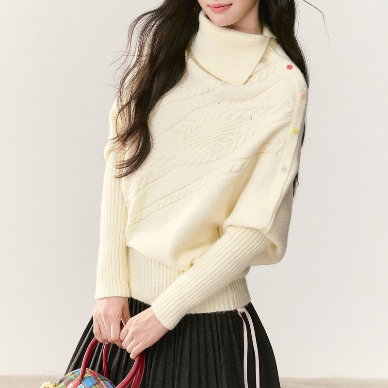 Off-White Cable-Knit Loose Top with Cuffed Hem, Asymmetrical Lapel, Colorful Buttoned Cape Wool Sweater