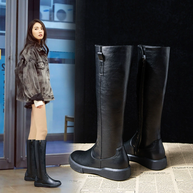 Осенне-зимние модные сапоги с высоким бочком, женские сапоги на плоской подошве в британском стиле, сапоги средней длины, подходящие ко всему однослойные сапоги, кожаные сапоги рыцаря с длинным бочком, Ботинки Martin