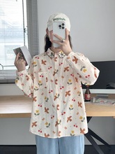韩版新款卡通印花小鸟殷桃宽松女士开衫衬衫长袖上衣批发