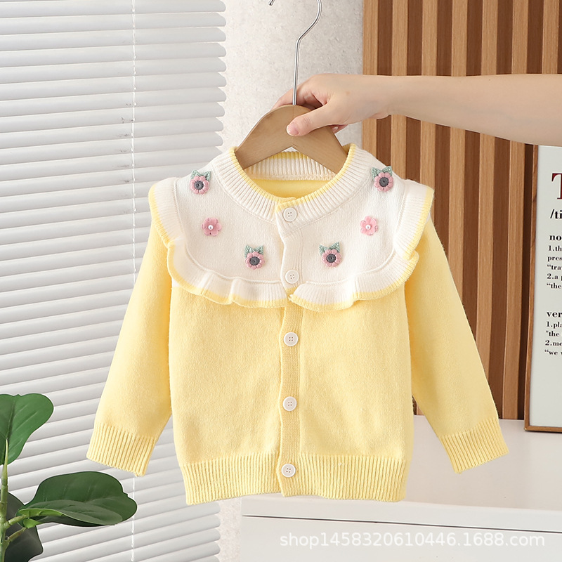 소녀 카디건 긴 소매 인형 칼라 6 꽃 노란색