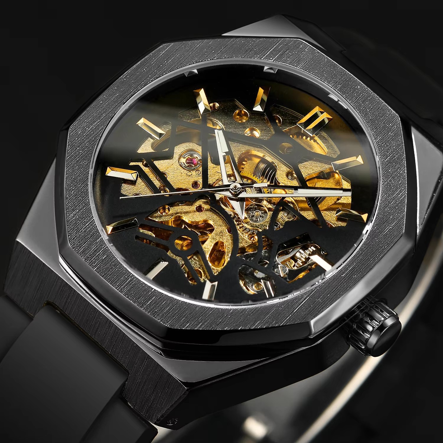 Men's Mechanical Skeleton Watch Silver Automatic Rubber Strap_voghion.com