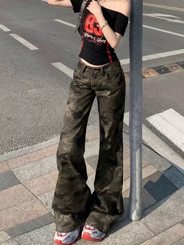 2025 春と秋の新アメリカンレトロホットガールローウエストフレアパンツスリムフィット迷彩ドレープジーンズ女性用|undefined
