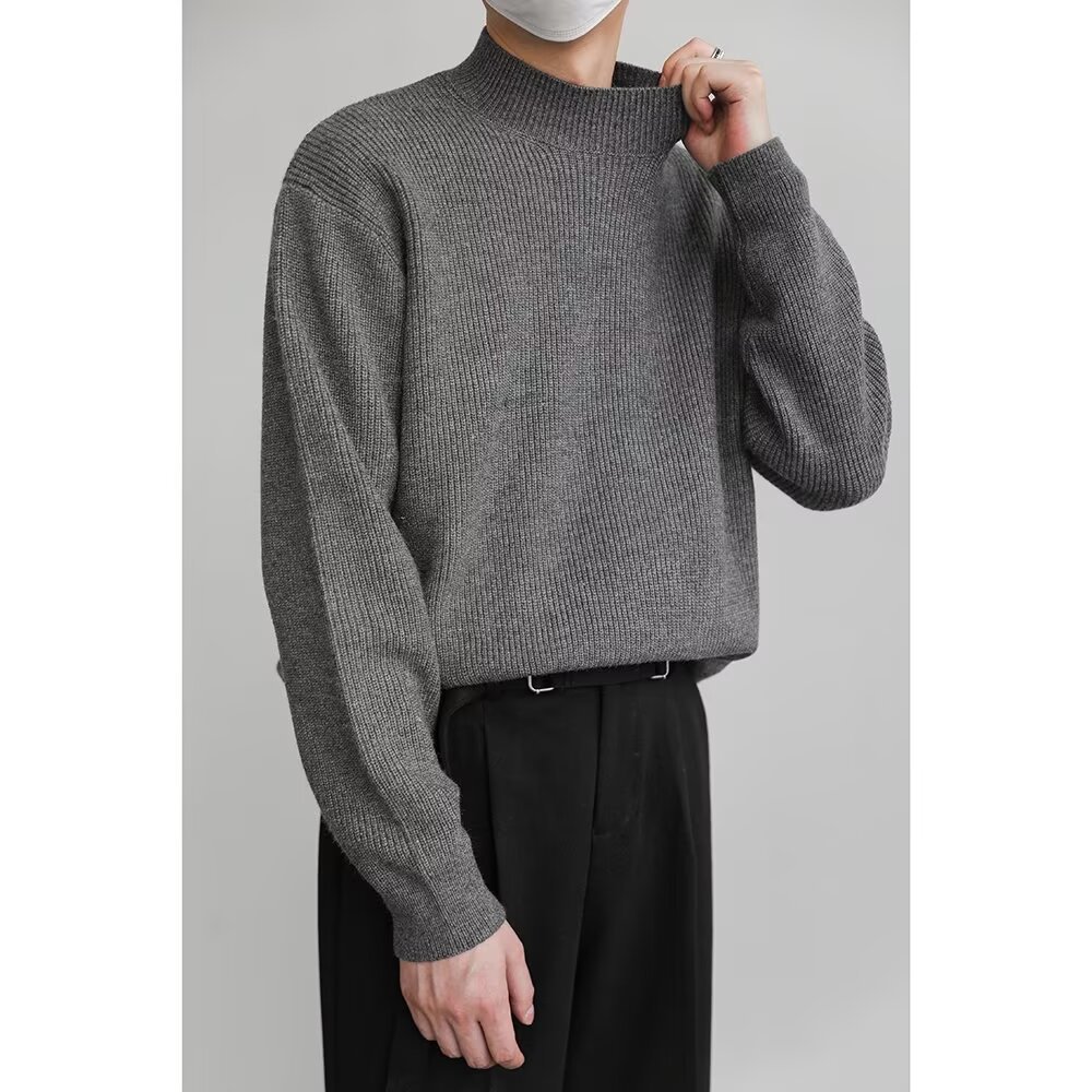 Hong Kong Style Retro Fashion Sweater Men's High-end Semi-high Collar Casual Knitted Sweater Trend Korean Solid Color Niche Interior