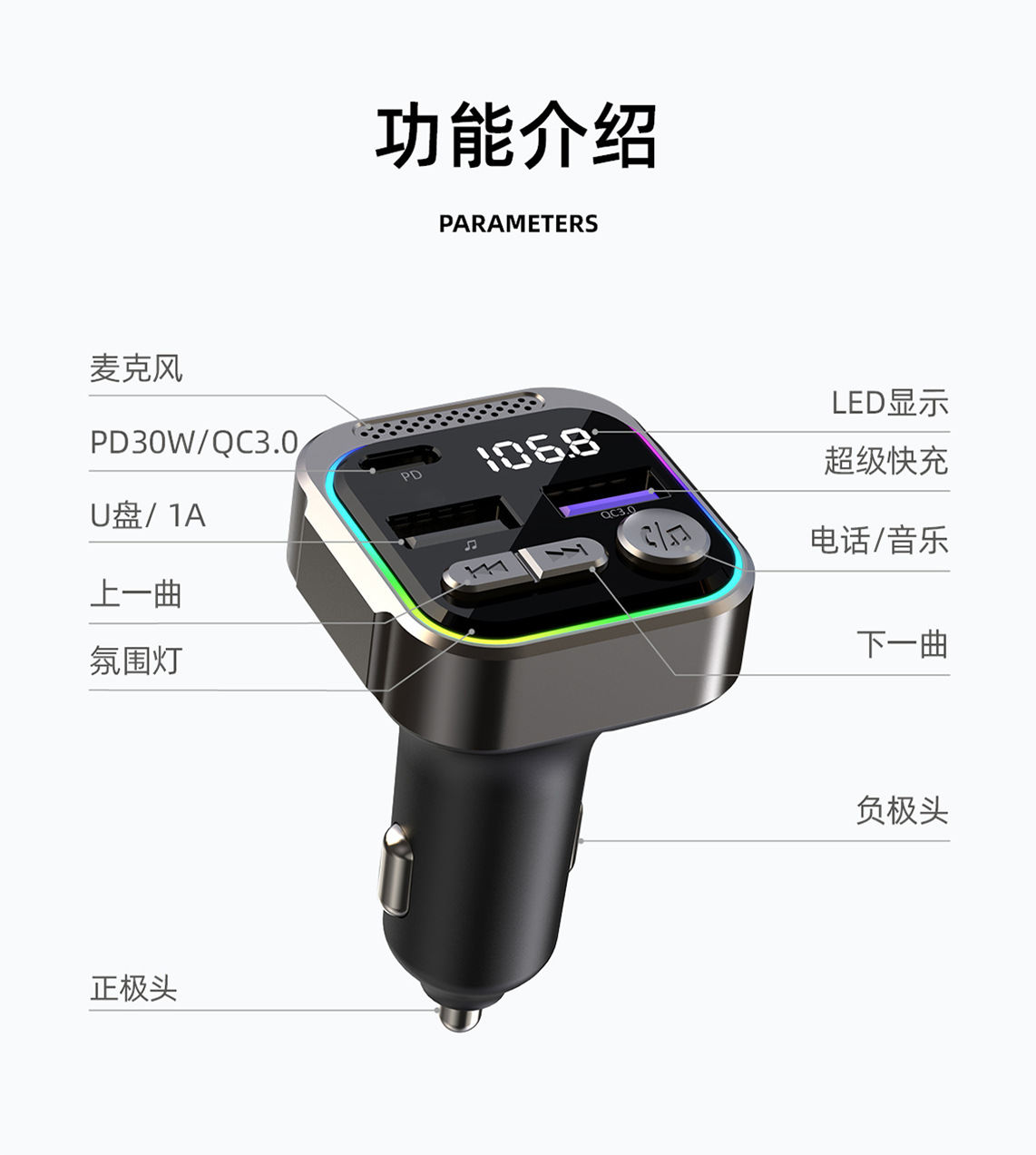 New Car-Mounted Mp3 Bluetooth Player Aluminum-Magnesium Alloy Fm Transmitter Pd30W Fast Charging Car Charger
