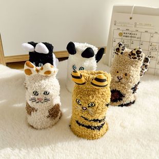 Autumn and Winter Coral Velvet Socks Floor Socks Kidsren's Half Velvet Sleep Socks Winter Thickeneded Warm Mid-Calf Socks Cartoon Cat