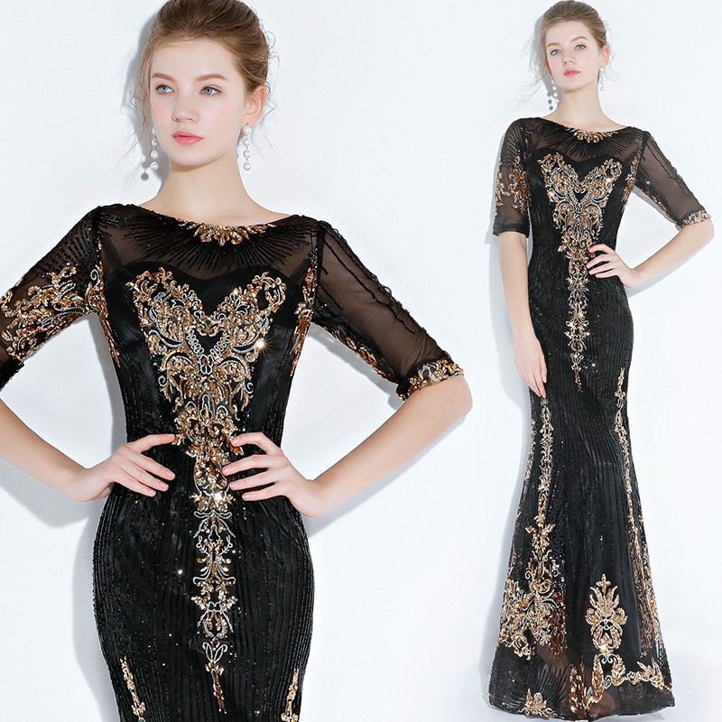 Black Evening Dress Women's Fishtail Banquet Evening Dress Long Dute and Atmospheric Host Dress Slimming Performance Dress Black Evening Dress Women's Fishtail Banquet Evening Dress Long Dute and Atmospheric Host Dress Slimming Performance Dress