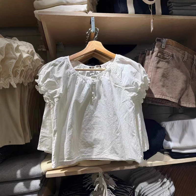 BM Style Women's Flat Round Neck White bm Three Button V-Neck Cotton Button Lace Cuff Bubble Sleeve Short-sleeved T-shirt