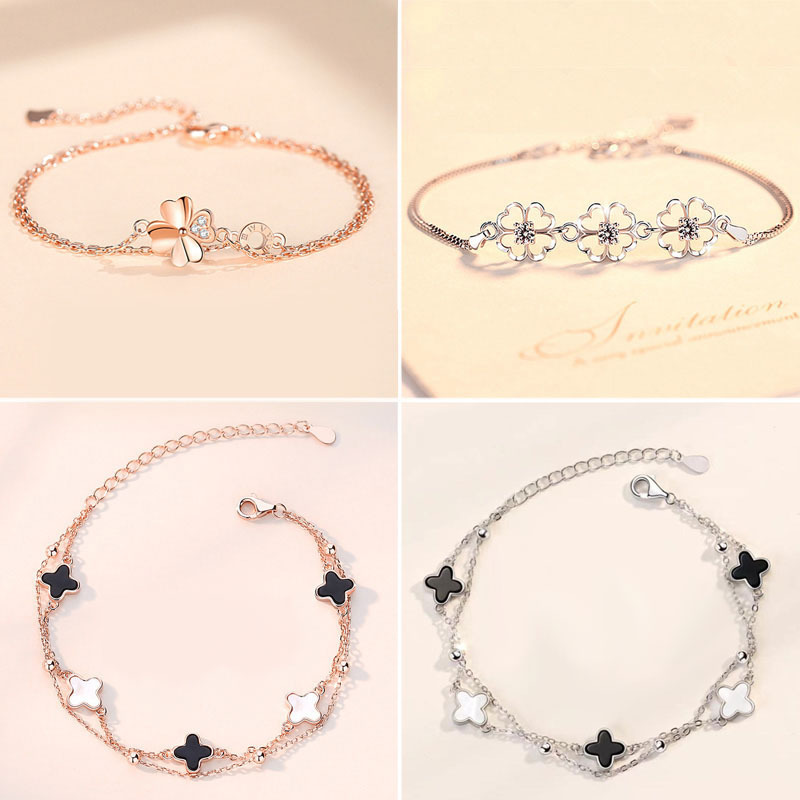 Beloved Four-Leaf Clover Sterling Silver Bracelet for Women, Clover Double-Layer Bracelet, Valentine's Day Birthday Gift for Girlfriend