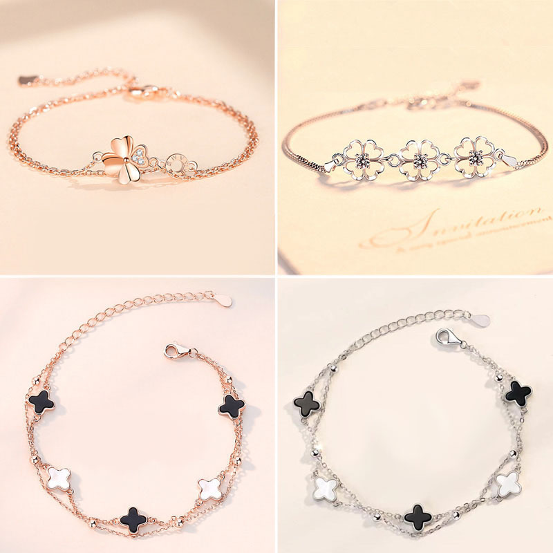 Beloved Four-Leaf Clover Sterling Silver Bracelet for Women, Clover Double-Layer Bracelet, Valentine's Day Birthday Gift for Girlfriend Beloved Four-Leaf Clover Sterling Silver Bracelet for Women, Clover Double-Layer Bracelet, Valentine's Day Birthday Gift for Girlfriend